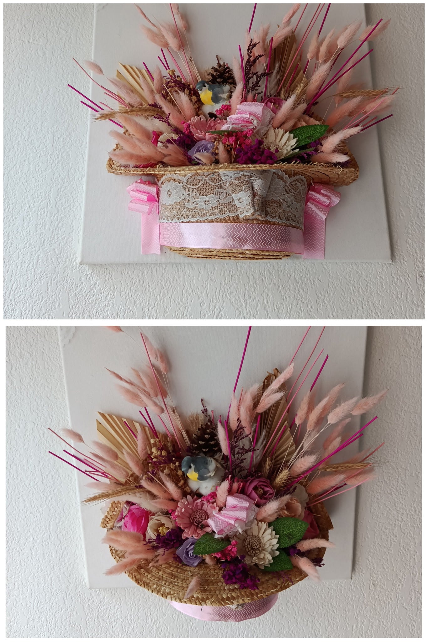 Composition Florale sur Chapeau de Paille — Tons Rosés & Dorés
