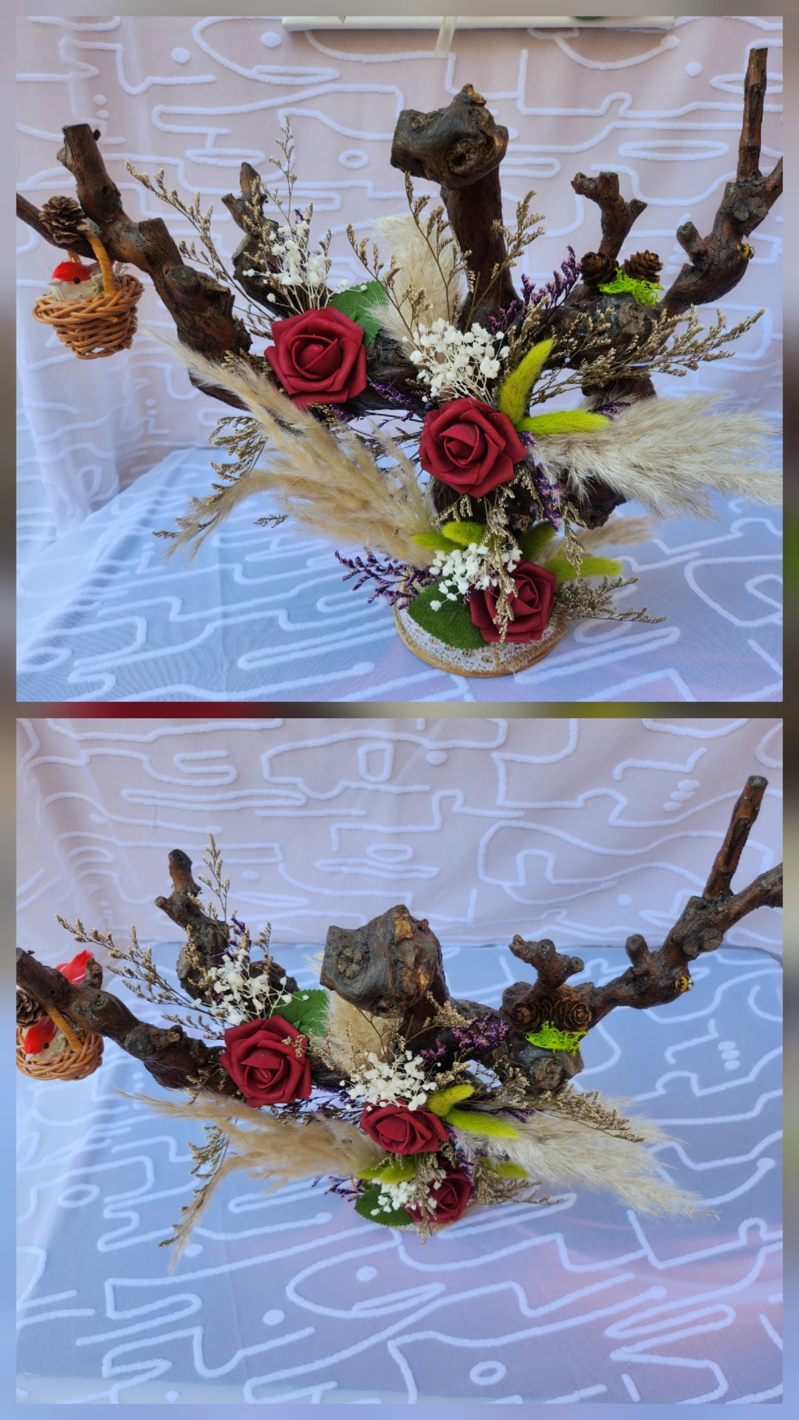 Composition murale sur branche de vigne avec roses rouges et fleurs séchées bohème