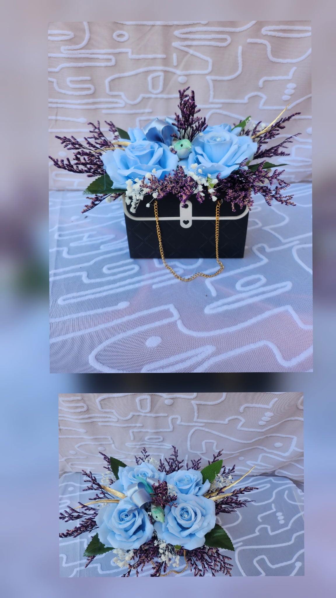 Coffret cadeau floral noir avec roses bleues et fleurs séchées