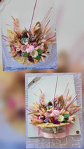 Composition Florale sur Chapeau de Paille — Tons Rosés & Dorés