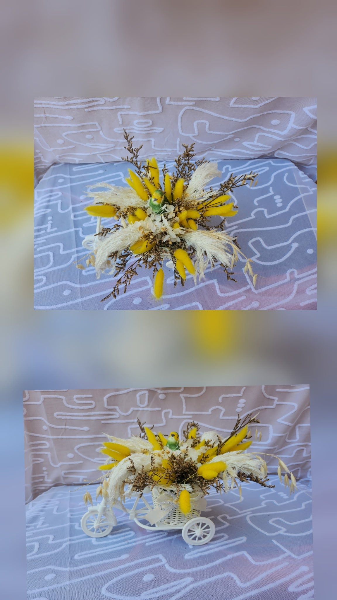 Composition florale sur chariot blanc avec tulipes jaunes et pampa