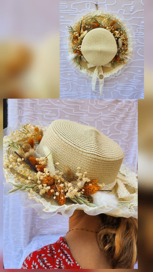 Chapeau fleuri bohème — Fleurs séchées & dentelle sur paille