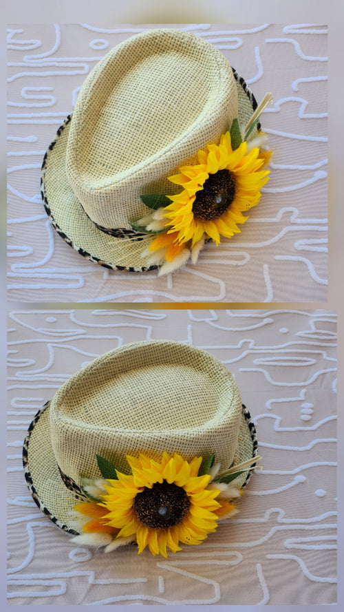 Chapeau fedora raphia naturel bord léopard avec grand tournesol jaune